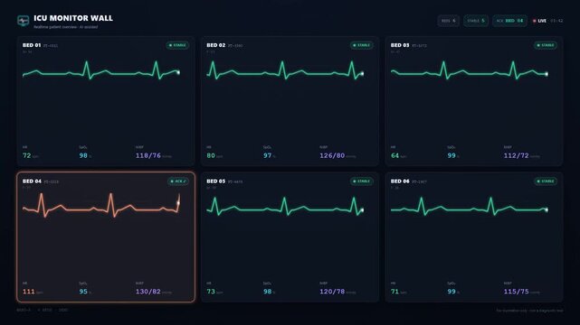 ICU patient monitor wall animation with multiple ECG heart rate waveforms on hospital dashboard