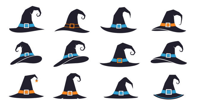 Set of twelve different cartoon witch hats on white background represents various halloween costumes, magical props, and wizardry.