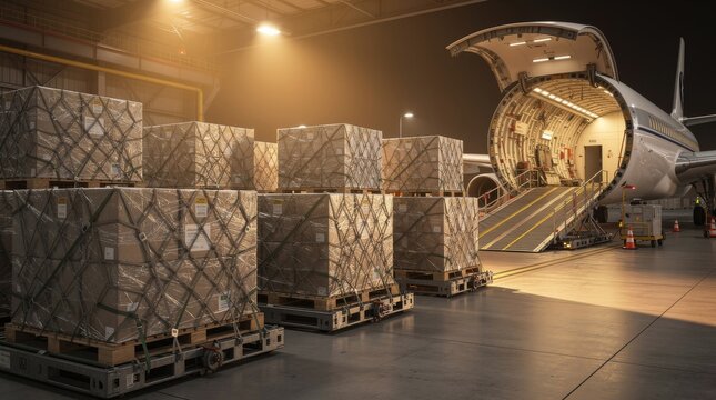 Stacked cargo pallets being loaded into an airplane cargo hold