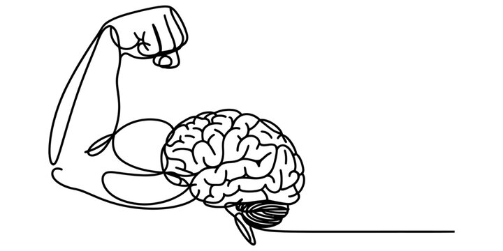 Continuous single line drawing of a strong human brain flexing a muscular arm bicep representing intelligence power and mental strength concept Vector, illustration