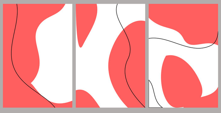 Abstract triptych background with coral organic shapes and thin black contour lines vector