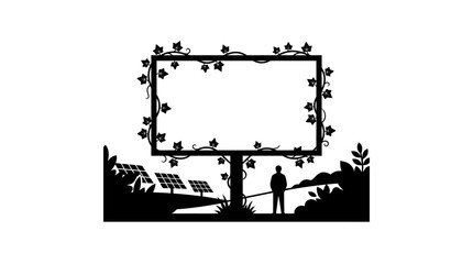 Obraz premium Black silhouette illustration of a person standing under a large empty billboard frame surrounded by solar panels and nature.