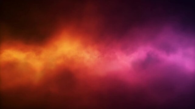 Abstract seamless loop of vibrant orange and purple smoke or nebula clouds flowing across the middle of a dark background for cinematic atmosphere or backdrop
