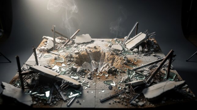 Devastated Structure with Debris and Crater After Impact