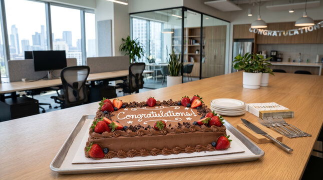 A Decorated Chocolate Sheet Cake With 'Congratulations' Message And Fresh Strawberries Ready for an Office Celebration with a modern office background