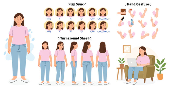 Casual Woman Character Model Sheet with Turnaround Views, Lip Sync and Hand Gestures Vector Illustration