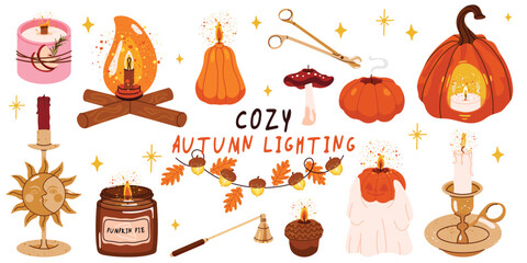 Cozy autumn lighting collection with candles, pumpkin lanterns, acorn garland, oil lamp, candle holders, warm glow decor and seasonal illumination elements. Fall hygge vector set. © m_matvi