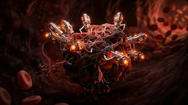 Nanorobot destroys cell inside human blood vessel. Medical nanotechnology concept showing microscopic machine repairing tissue or removing pathogen in body system.