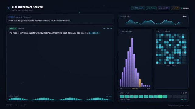 Large language model inference server animation generating text with token probability data charts