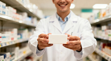 Fototapeta premium Pharmacist holding out blank medicine box