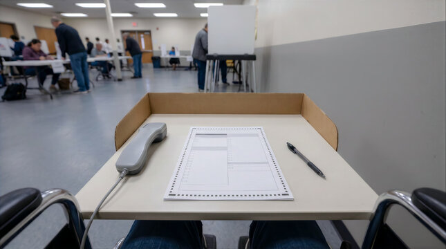 First-person view, a wheelchair user voting at a polling station, copy space for a text about participation in elections and voting