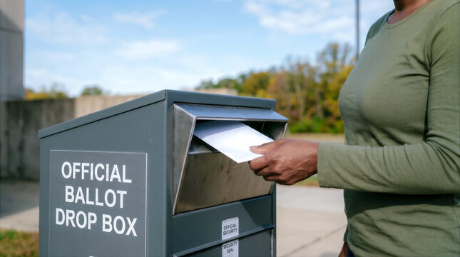 An act of civic responsibility and expression of the people's will, an African American woman's hand dropping a concert with ballots into a mailbox, copy space on remote voting by mail