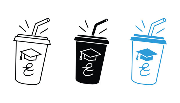Drink cup with graduation cap and straw vector illustration set for online education and e-learning concepts