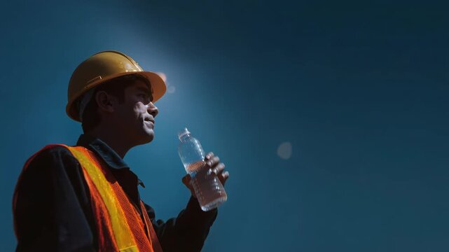 Worker drinks water in hot sun after hard labor during afternoon at construction site to stay hydrated

