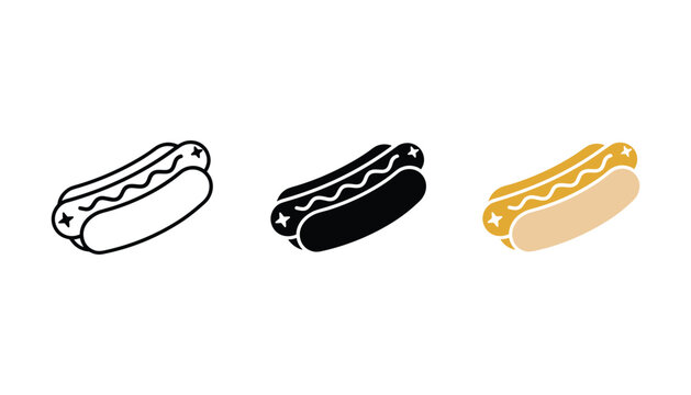 Three hot dog icons outline black silhouette and color vector graphics for food and fast food themes