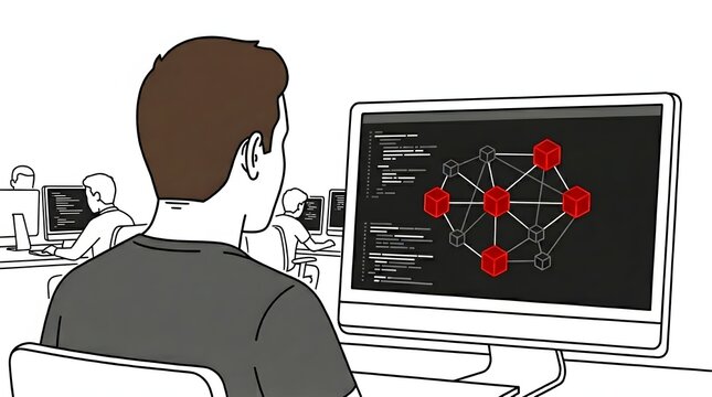 Software developer working on computer screen programming blockchain network data line art illustration