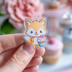 Obraz premium A cute, clear acrylic fox pin with blush detail is displayed in a hand holding a cupcake with pink icing, set against a soft, floral, cupcake background.