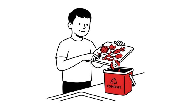 Young man throwing organic food waste and vegetable scraps into a red kitchen compost bin recycling