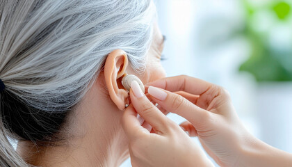 Naklejka premium Close-up of a doctor adjusting a modern hearing aid on a senior woman's ear, showing professional medical care, audiologist checkup, and innovative technology for hearing loss