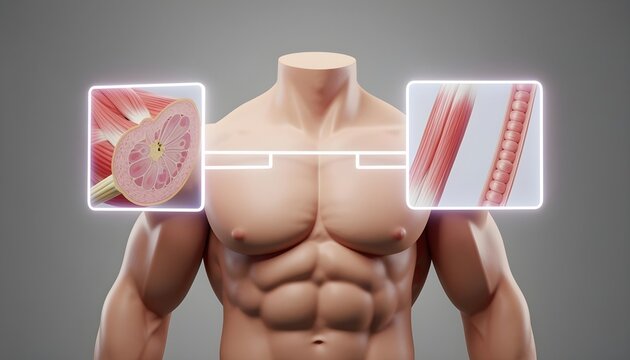 Detailed 3D illustration of human pectoral muscles and muscle fiber structure