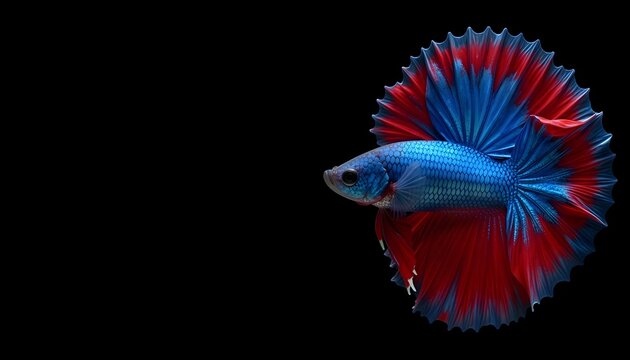 Vibrant Betta Fish with Flowing Red and Blue Fins Against a Dark Background