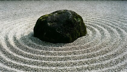 Obraz premium Moss covered rock rests on raked gravel in a serene zen garden setting