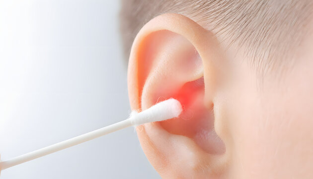 Macro shot of a cotton swab cleaning a human ear with a glowing red effect, symbolizing ear hygiene, personal care routines, potential canal irritation, and medical healthcare.