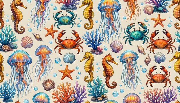 Whimsical watercolor seamless pattern featuring seahorses, jellyfish, crabs, and seashells