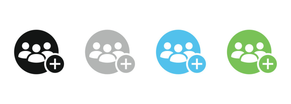 Add new team icon set. Group profile avatar with plus symbol for community registration and team signup UI