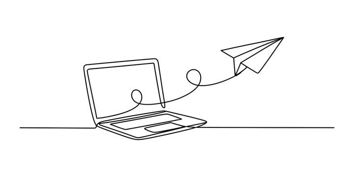 Continuous single line drawing of a laptop computer with a paper plane flying out of the screen representing digital communication and email sending Vector, illustration