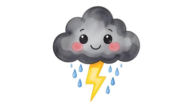 Cute cartoon storm cloud with lightning and rain, watercolor illustration