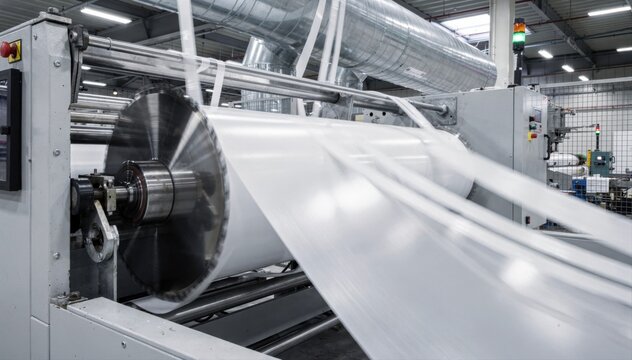Rotary blades edge trim a wide web roll in a continuous process suction system efficiently extracting trimmed waste to maintain smooth manufacturing.