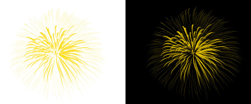 Golden fireworks burst isolated on white and black backgrounds, sparkling yellow firework explosion, festive pyrotechnic display for celebration