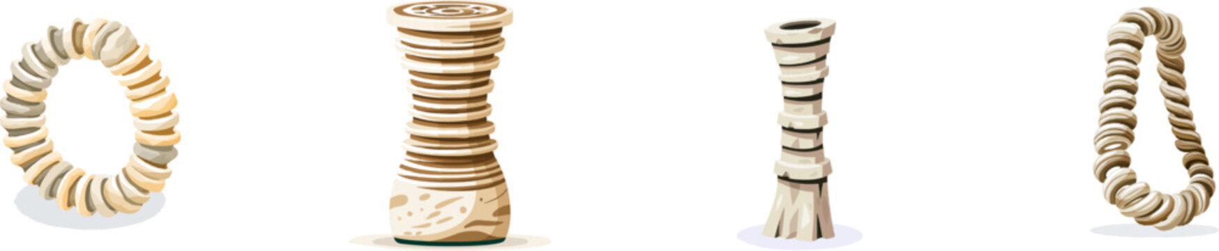 A paleontology flat vector graphic of a prehistoric fossilized crinoid stem column, showcasing its interlocking wheel-like segmented ossicle layers in beige limestone against a solid white background