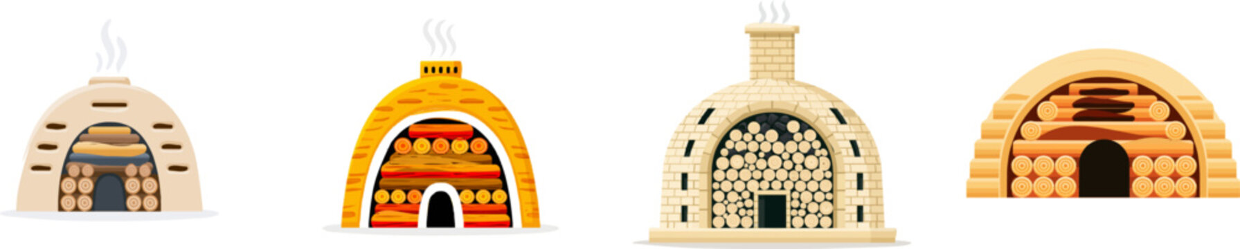 This flat vector illustration depicts an earthen charcoal kiln with a dome-shaped structure, featuring stacked wood logs inside and smoke ventilation flues on the sides, all set against a clean white