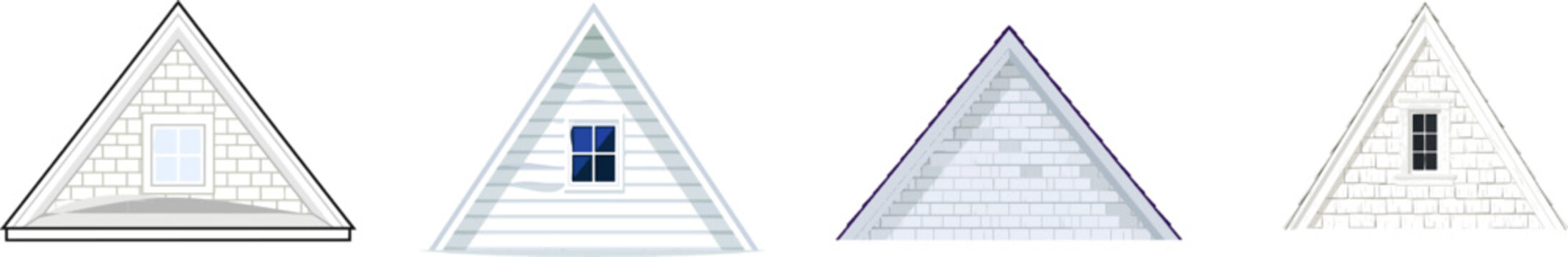 A flat vector illustration of a dormer window gable showcases a beautiful repeating pattern of overlapping grey cedar shingles on its triangular face, set against a clean white background