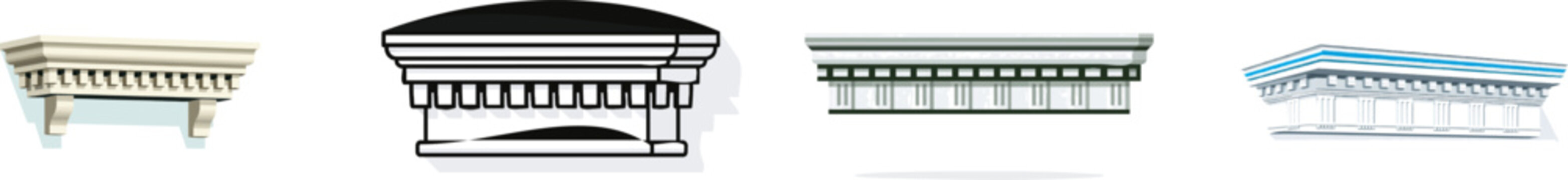 A flat vector-style architectural illustration of classical dentil molding features small rectangular block projections under a stone cornice, showcasing clean geometric shadows against a solid white