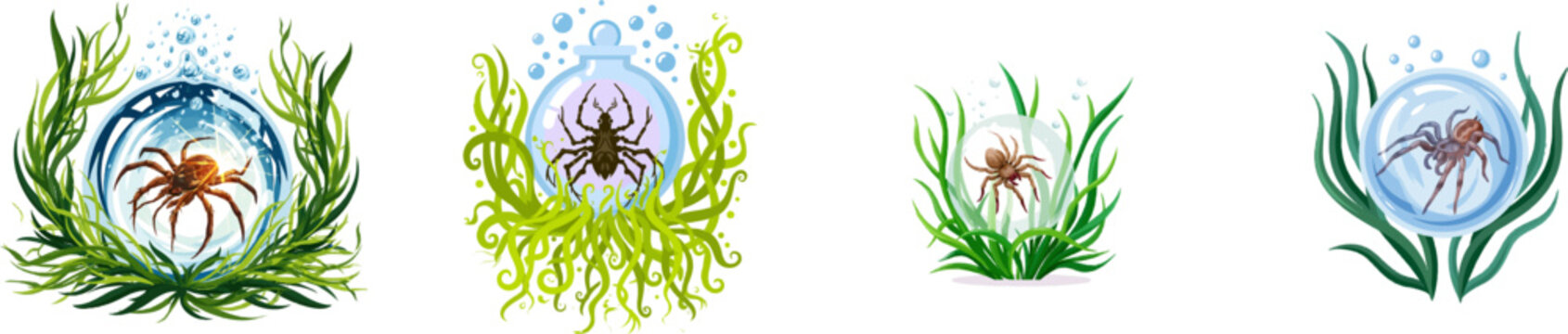 A diving bell spider rests inside its glowing underwater dome nest, surrounded by vibrant green pond weed filaments against a solid white background