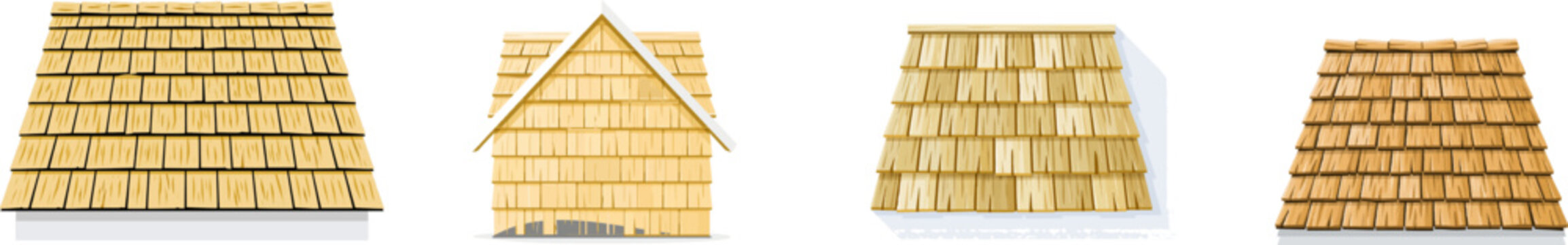 A flat vector illustration of weathered cedar shake roof shingles in natural split wood textures, overlapping rows with clean geometric shadow lines, isolated on a solid white background