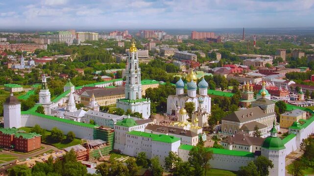 Scenic aerial footage of the Trinity Lavra of St. Sergius, an important Russian monastery
