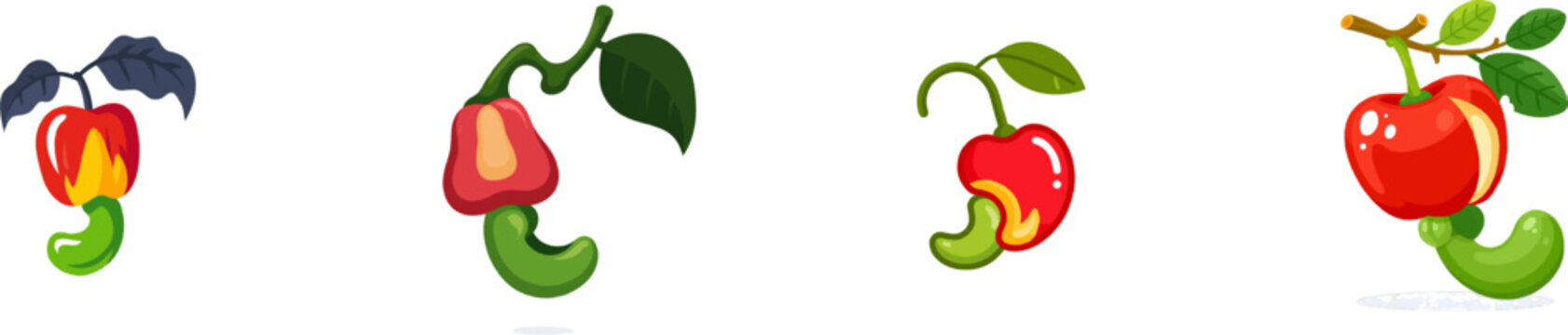 A flat vector illustration of an exotic red and yellow cashew fruit with a green kidney-shaped nut shell hanging from its base, set against a clean white background