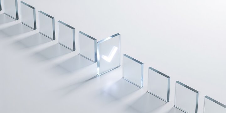 Transparent frosted glass checkpoint with glowing checkmark and copy space for audit approval verification compliance workflow header