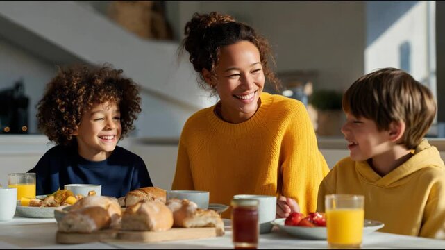Cheerful mother laughing with her two sons during a sunny morning meal in the dining room