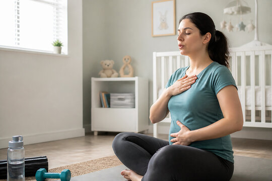 A woman is performing a chest stretch exercise on a mat in a bright, home-like setting.