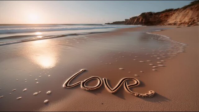 Gentle sea wave with foam washing away the word love written on the wet sand during a golden sunset