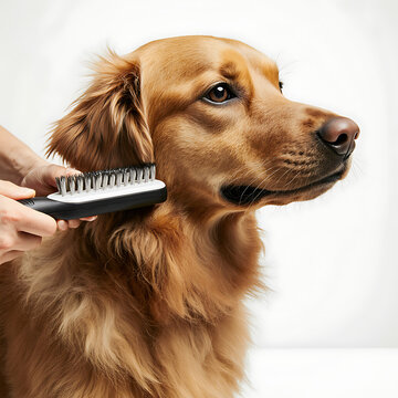 Golden retriever being groomed with a brush against a white background  