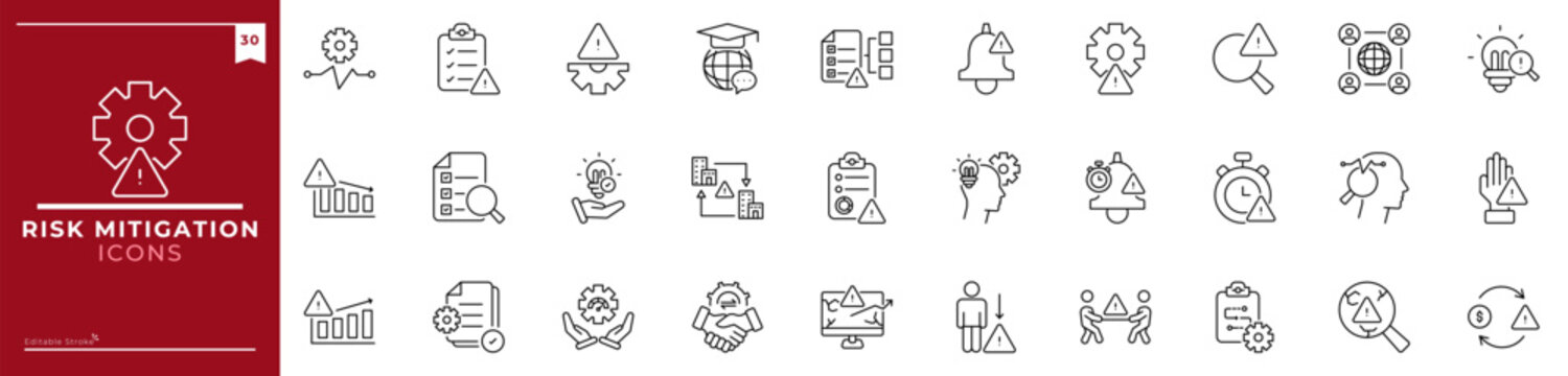 Risk Mitigation, Outline icons collection. Simple vector illustration. risk, safety, compliance, process, insurance, security, alert and more