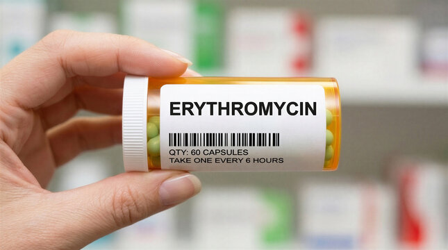 Erythromycin Prescription Medication Bottle Held in Hand