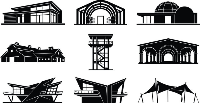 Black and white vector silhouette set of modern architecture, warehouse structures, futuristic buildings, residential houses, and industrial facilities