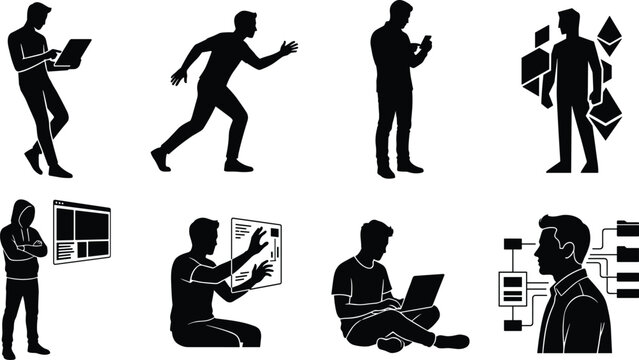 Black and white vector silhouette set of software developers, blockchain programmers, cybersecurity hackers, and data analysts working with technology